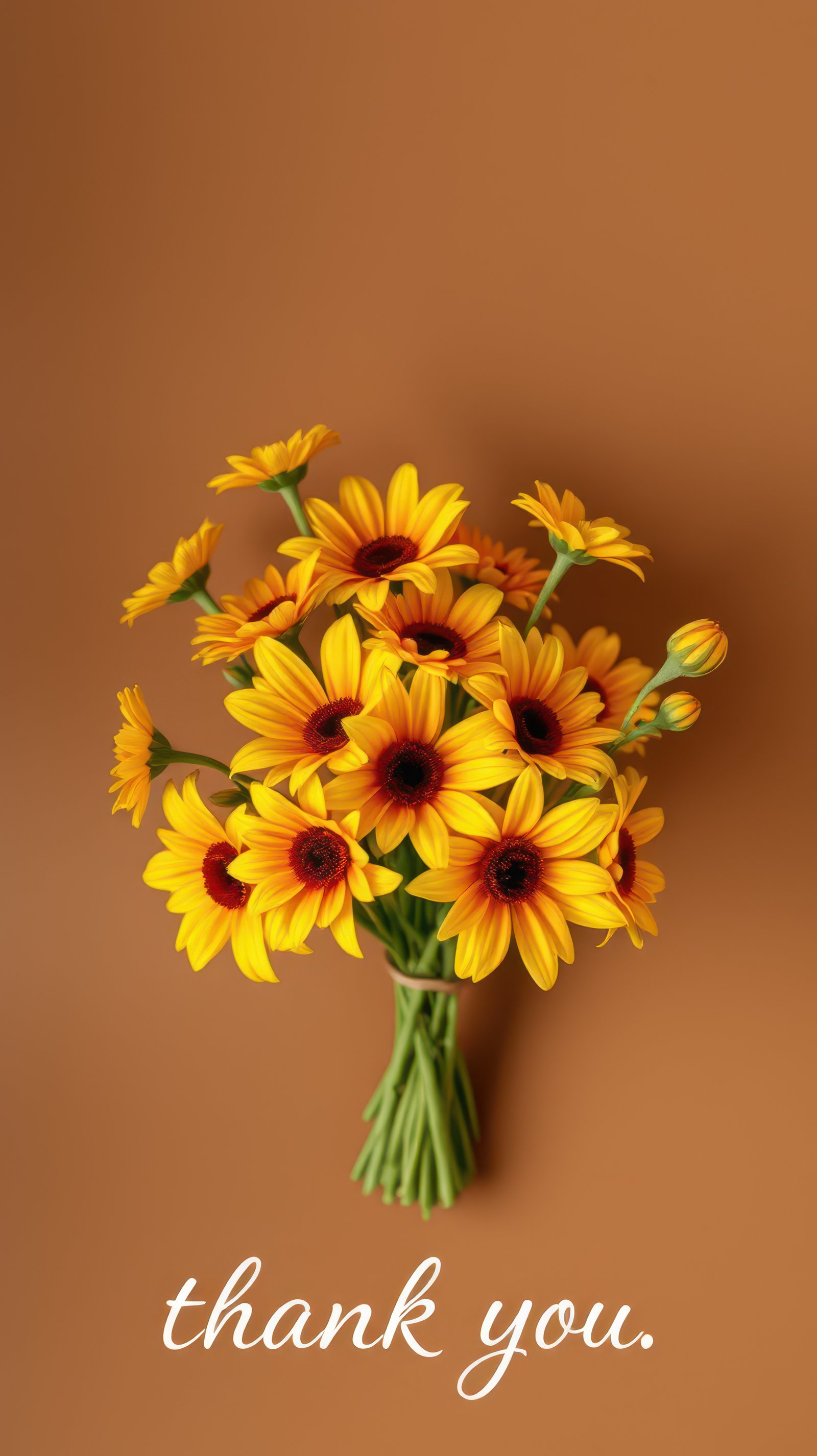 Bright bouquet of sunflowers with a thank you note against a warm brown background